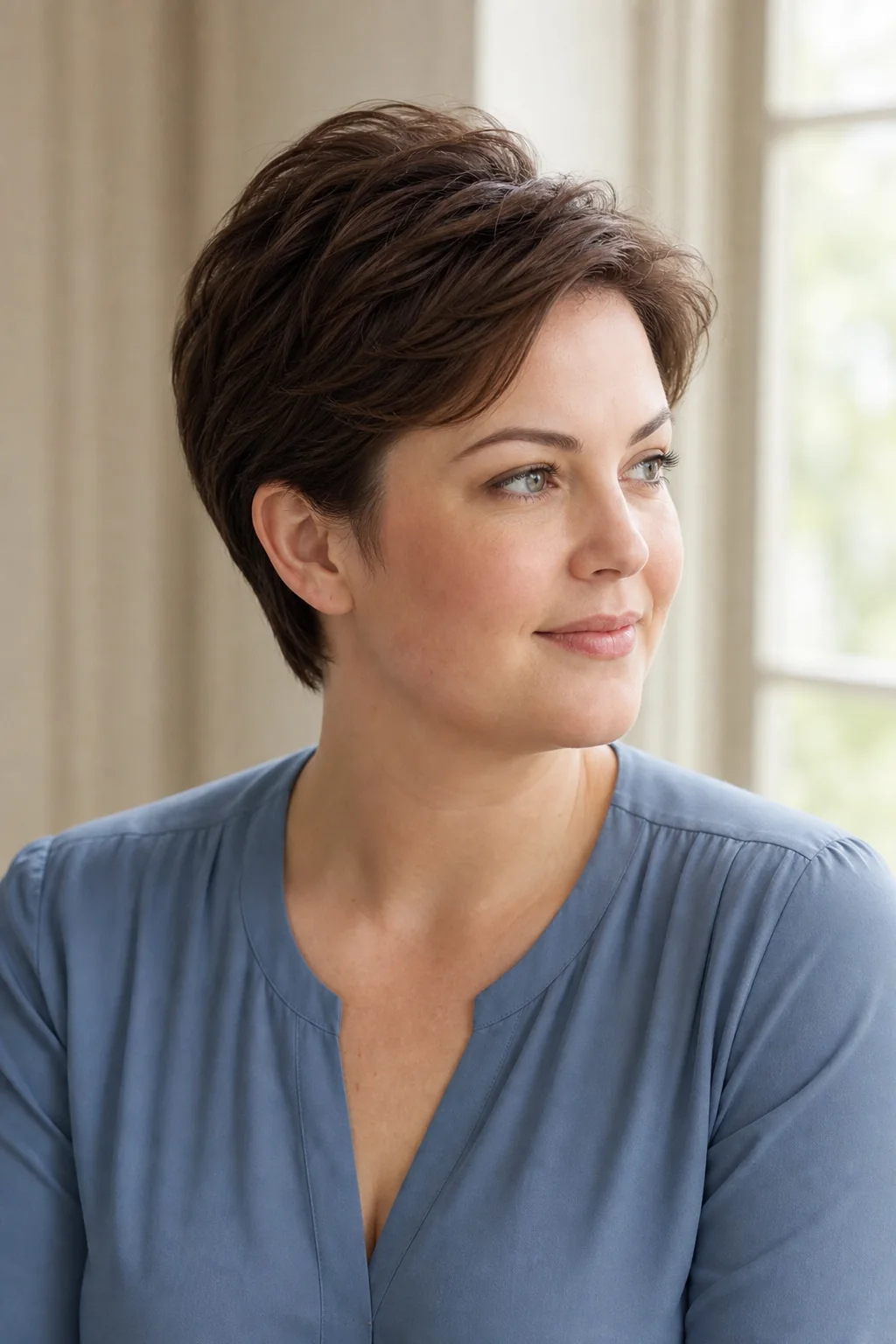 White woman with a round face wearing a soft brunette pixie with an airy crown