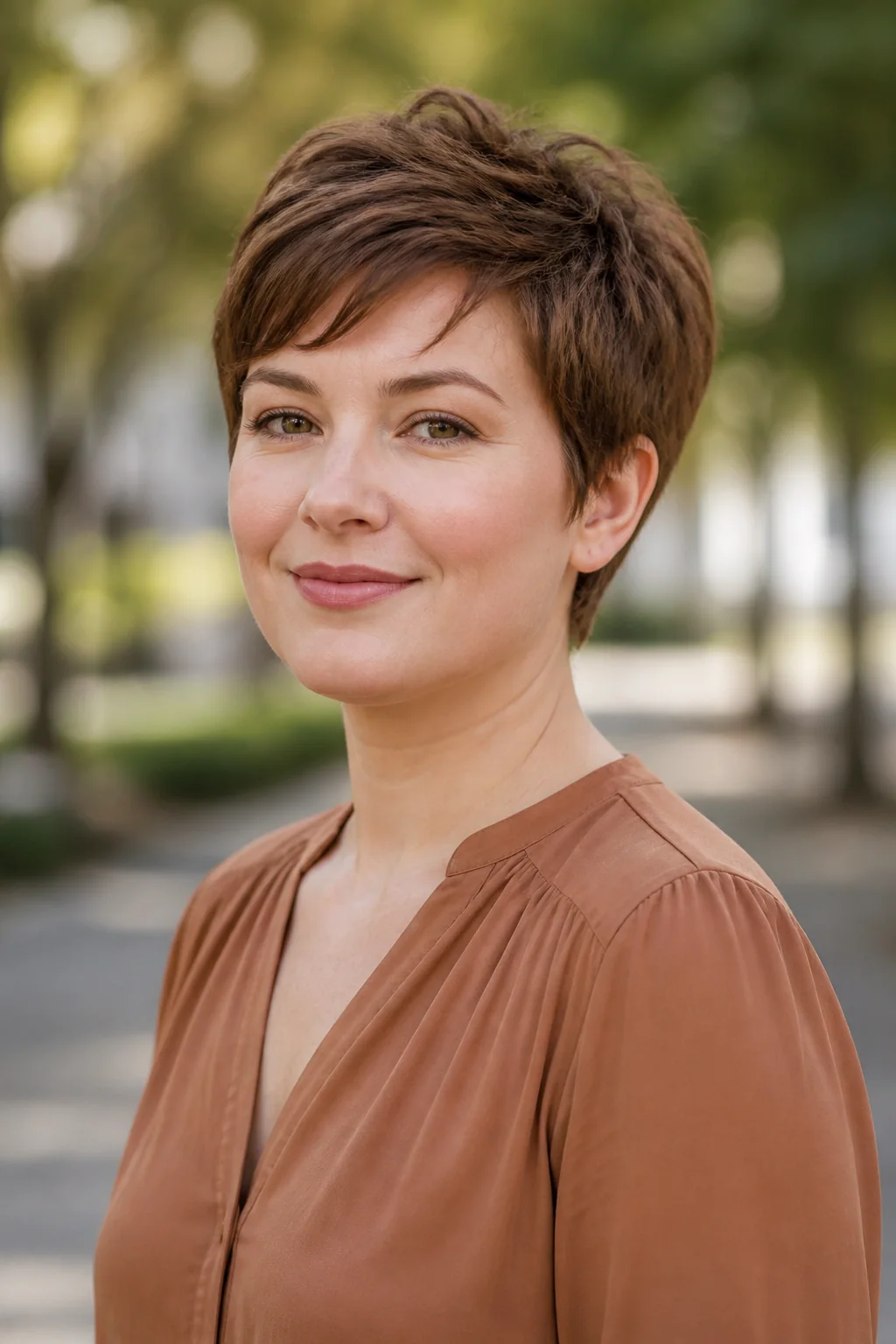 White woman with a round face wearing a softly choppy chestnut pixie