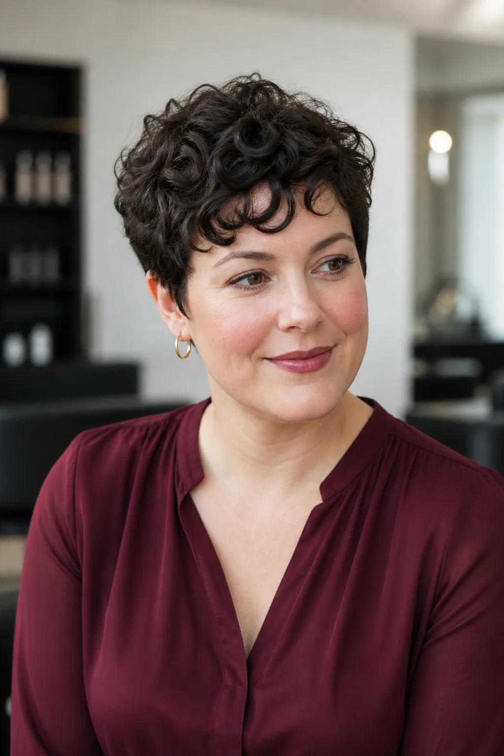 White woman with a round face wearing a curly pixie with a soft fringe