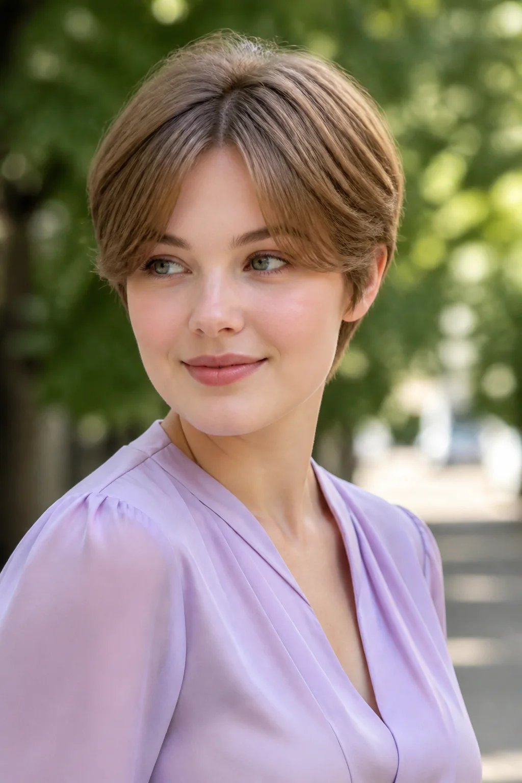 White woman with a round face wearing a soft pixie with a curtain fringe