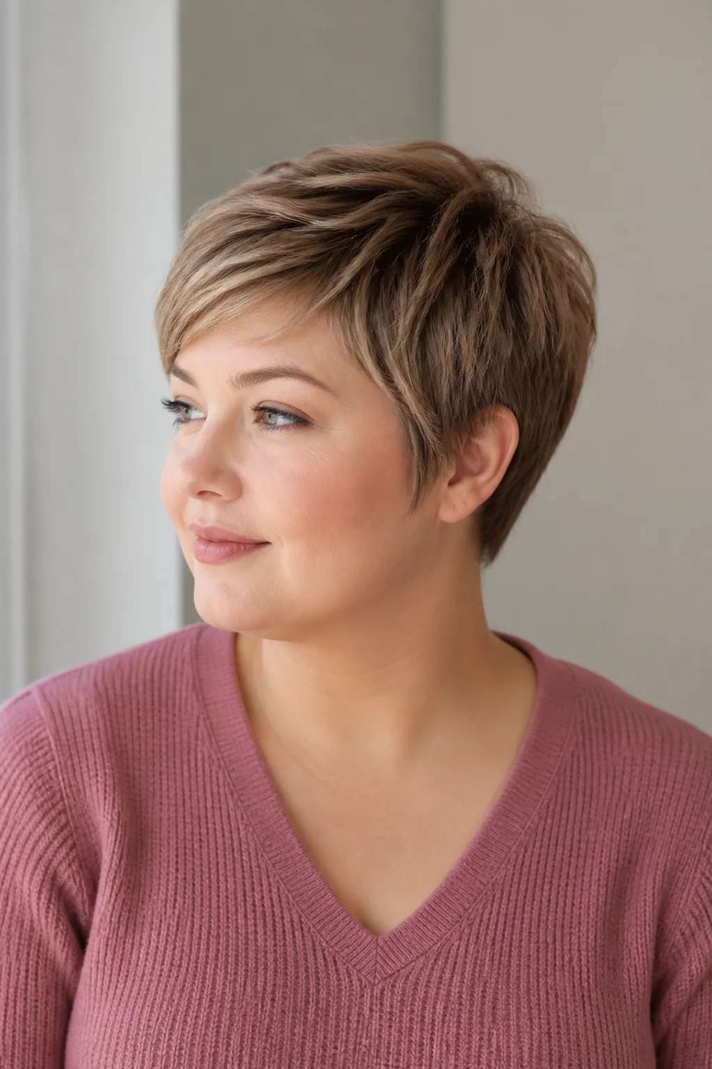White woman with a round face wearing a soft pixie with ear-skimming sides