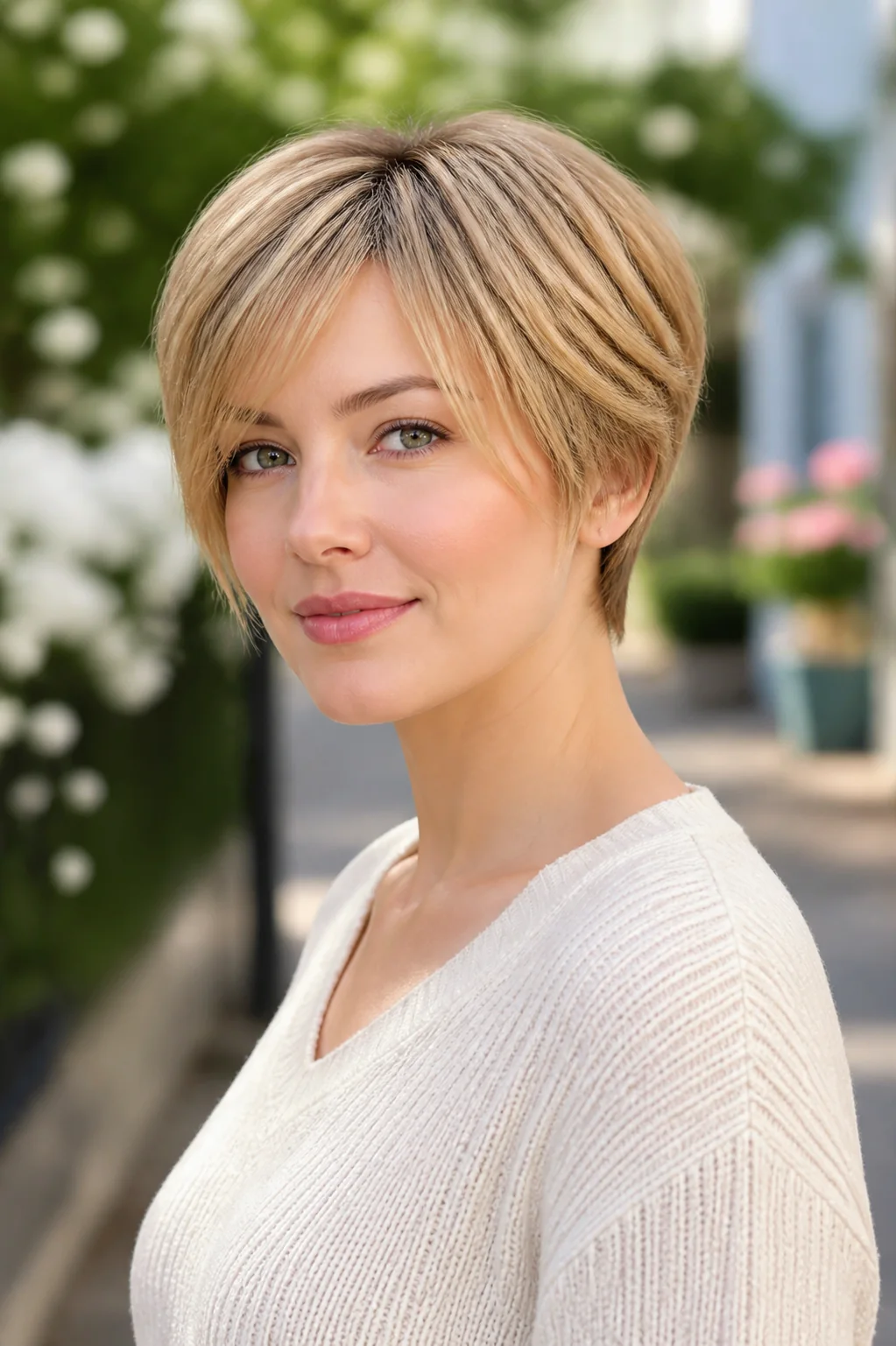 White woman with a round face wearing a soft blonde pixie with longer front pieces