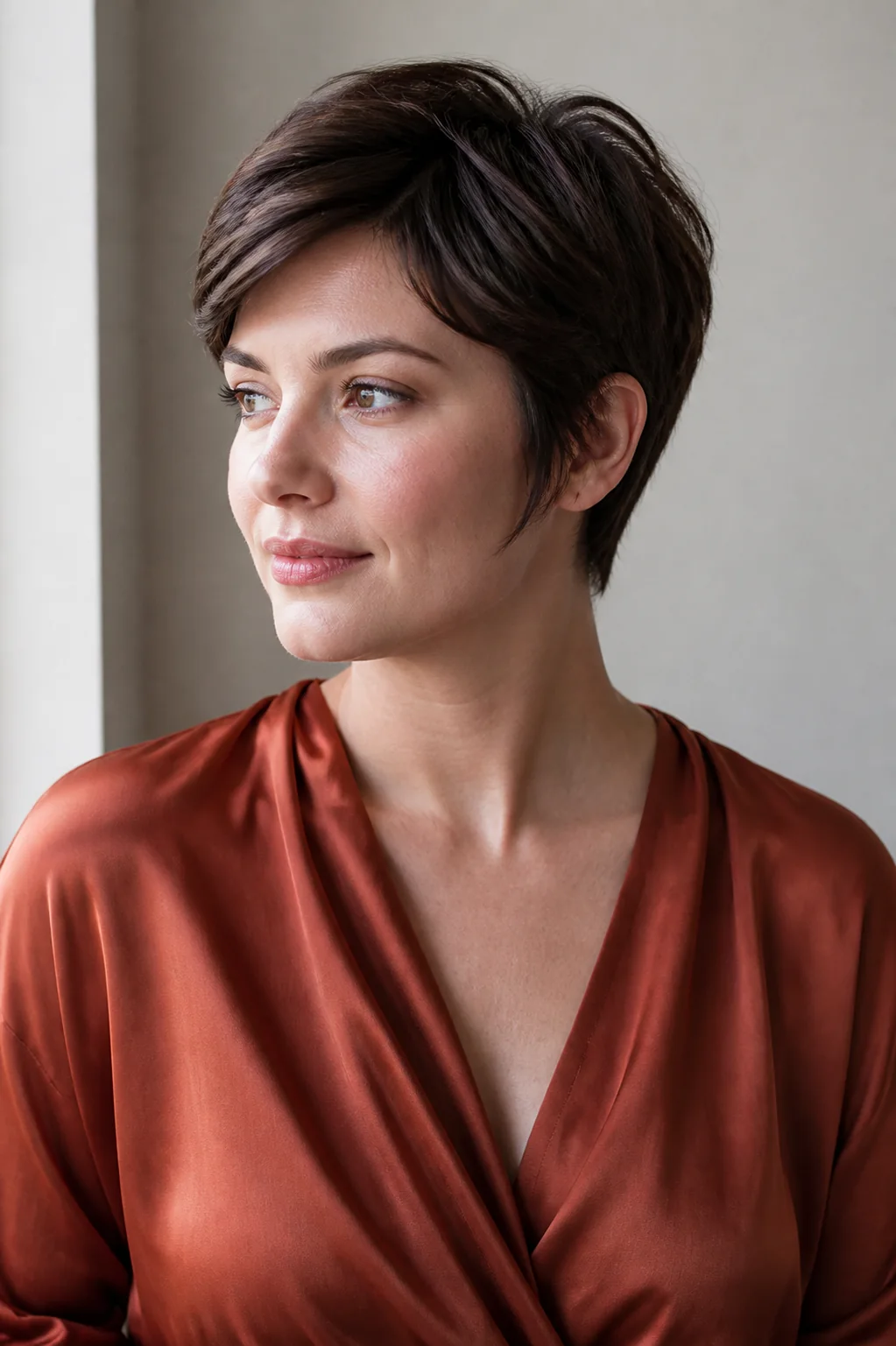 White woman with a round face wearing a soft pixie with piecey sideburns