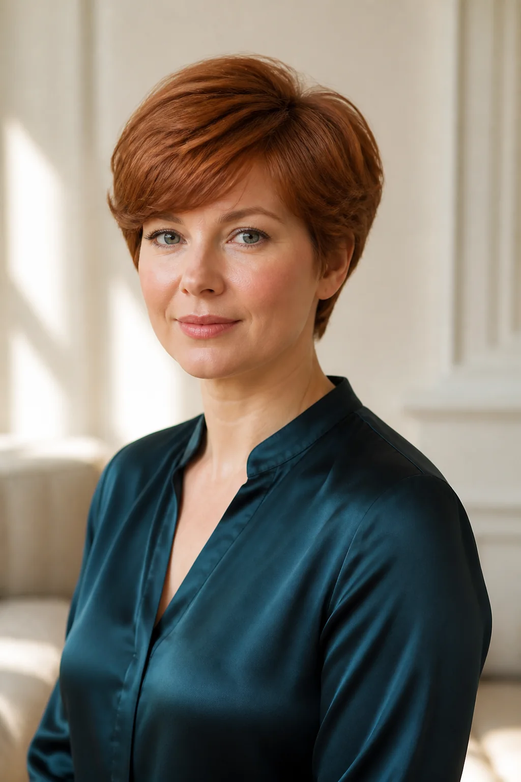 White woman with a round face wearing a rounded auburn pixie