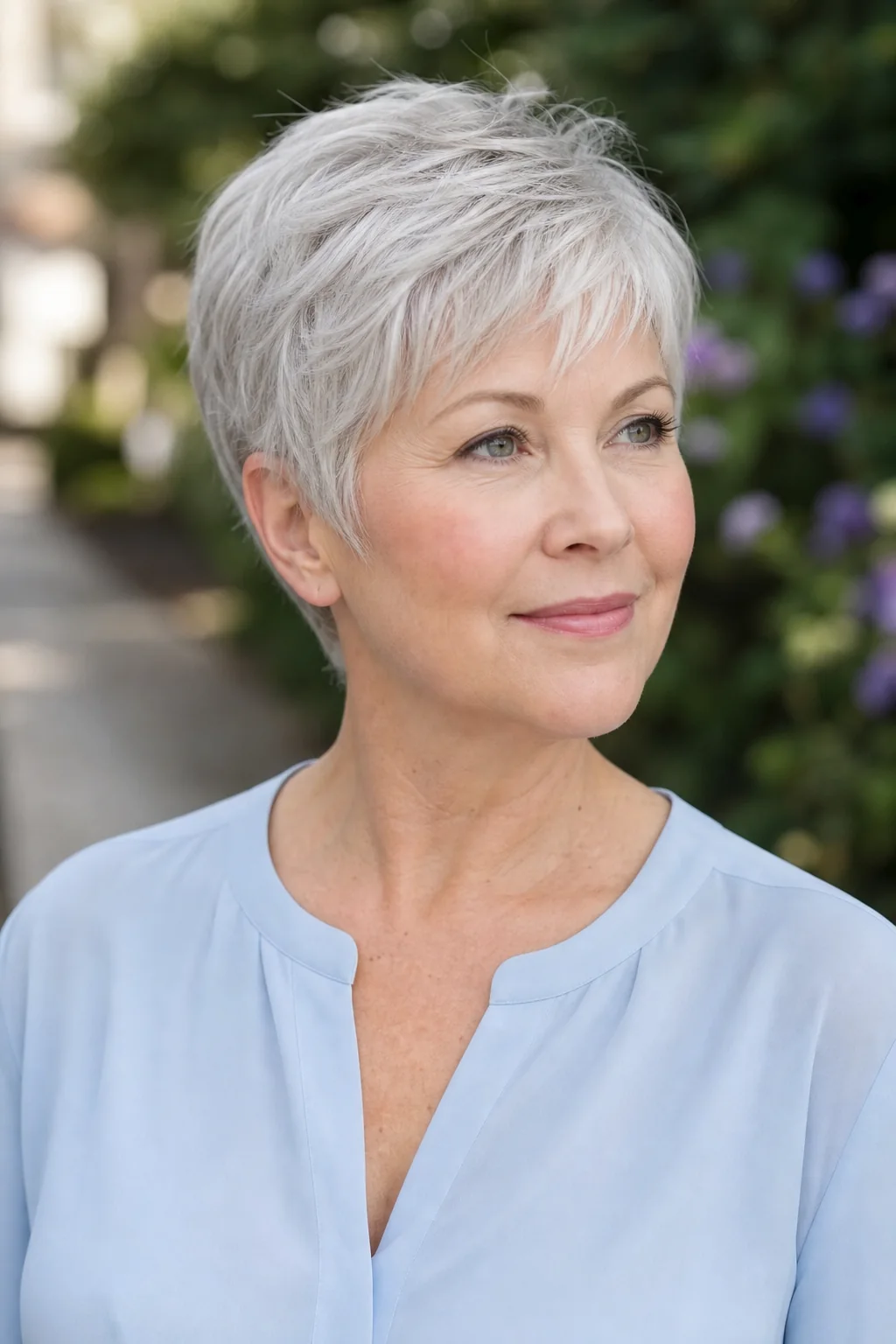 White woman over 50 with a round face wearing a softly layered silver pixie