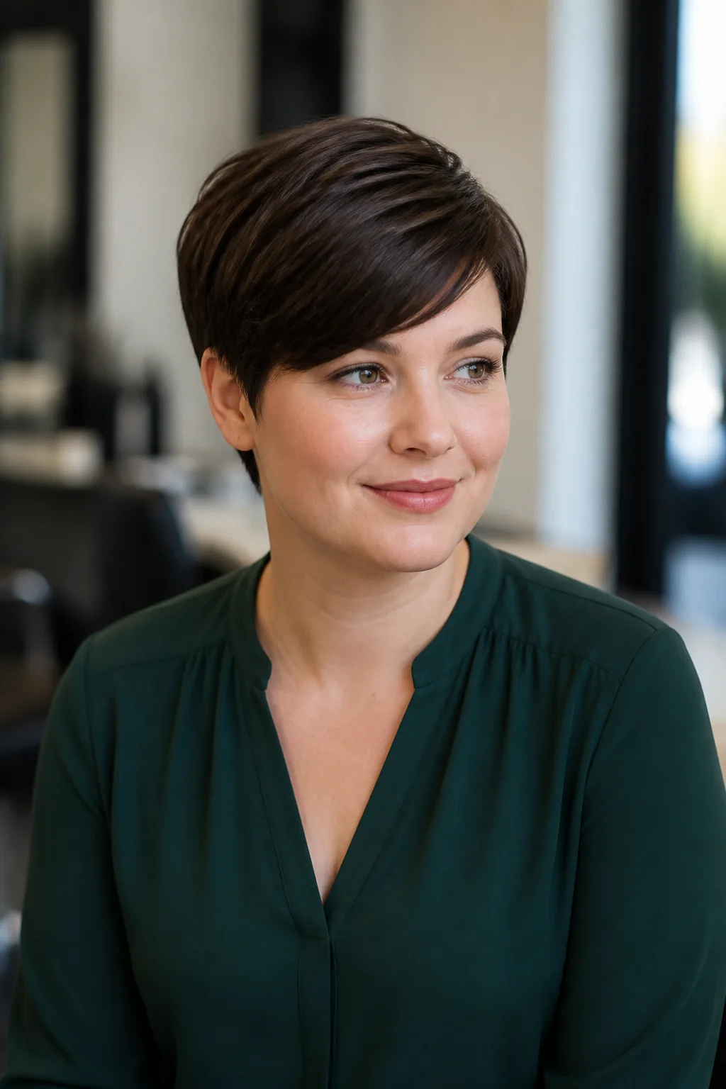 White woman with a round face wearing a sleek soft pixie side sweep