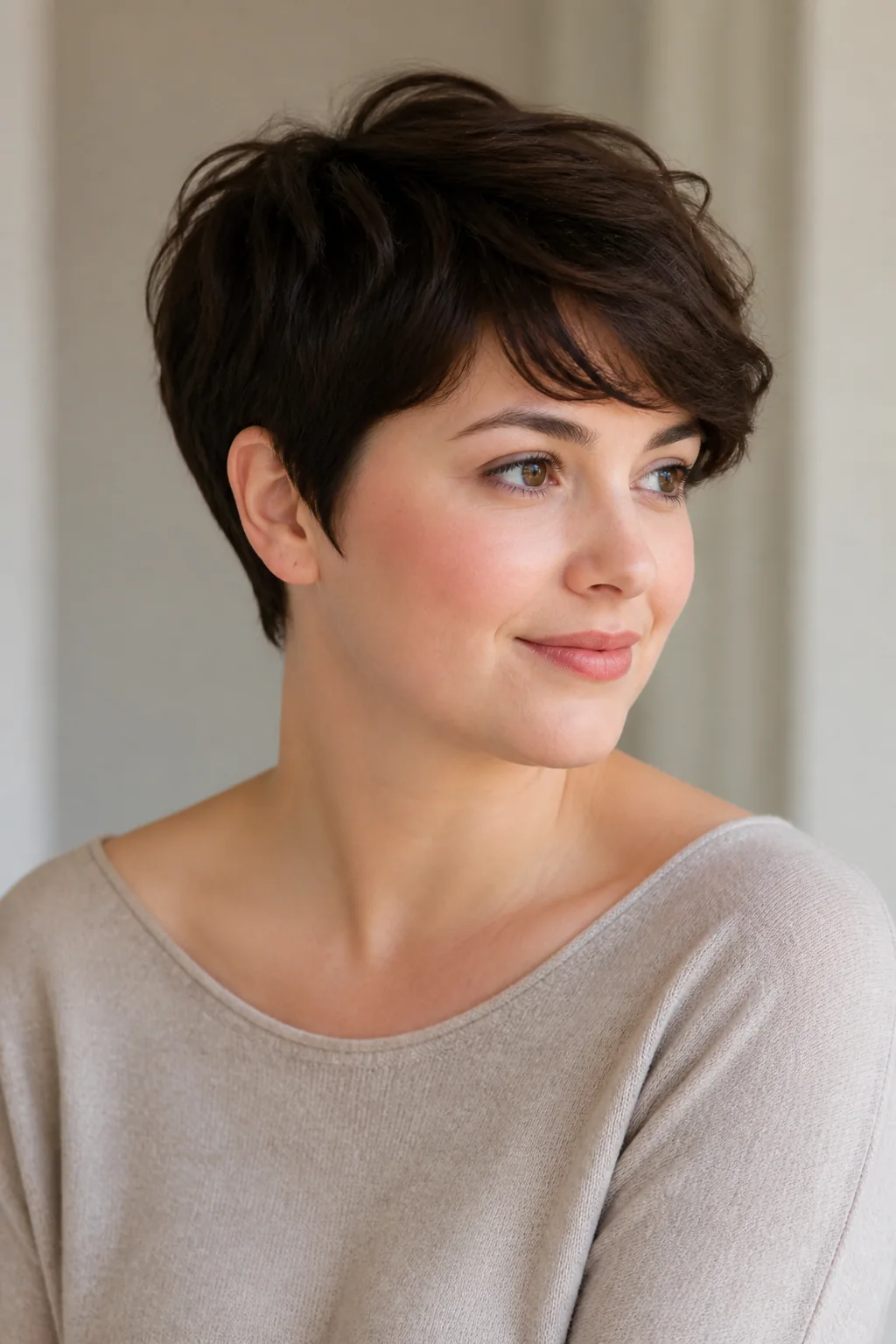 White woman with a round face wearing a soft pixie with a hidden undercut
