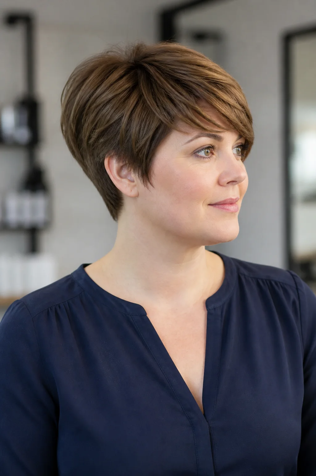 White woman with a round face wearing a soft pixie with a tapered nape