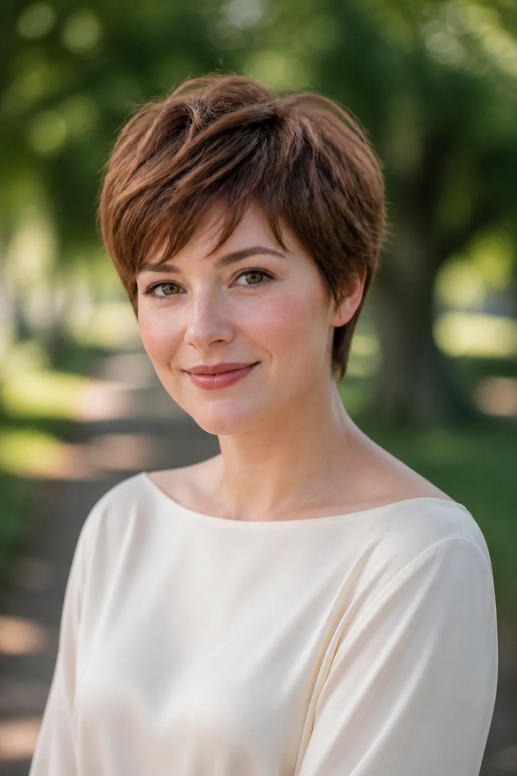 White woman with a round face wearing a softly textured chestnut pixie