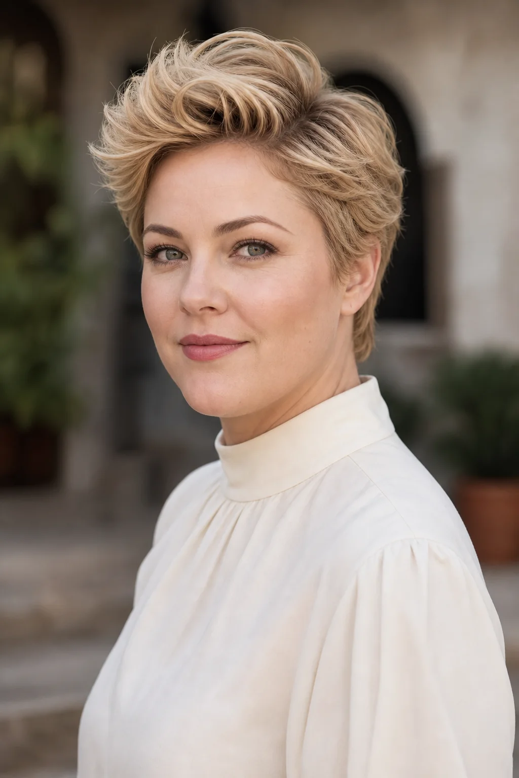 White woman with a round face wearing a soft blonde pixie with a loose quiff