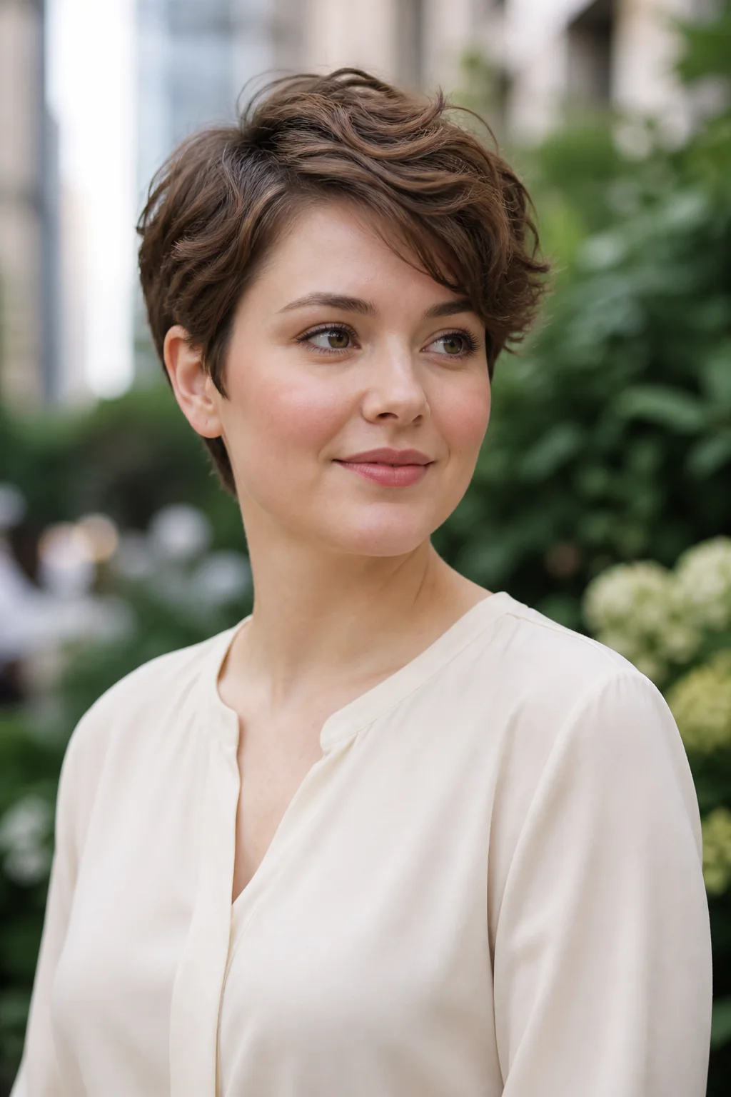 White woman with a round face wearing a soft wavy pixie