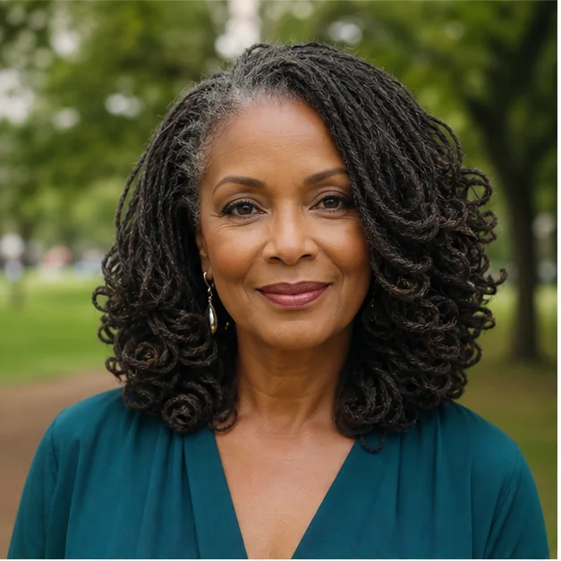 Black woman over 50 with softly curled roller-set Sisterlocks