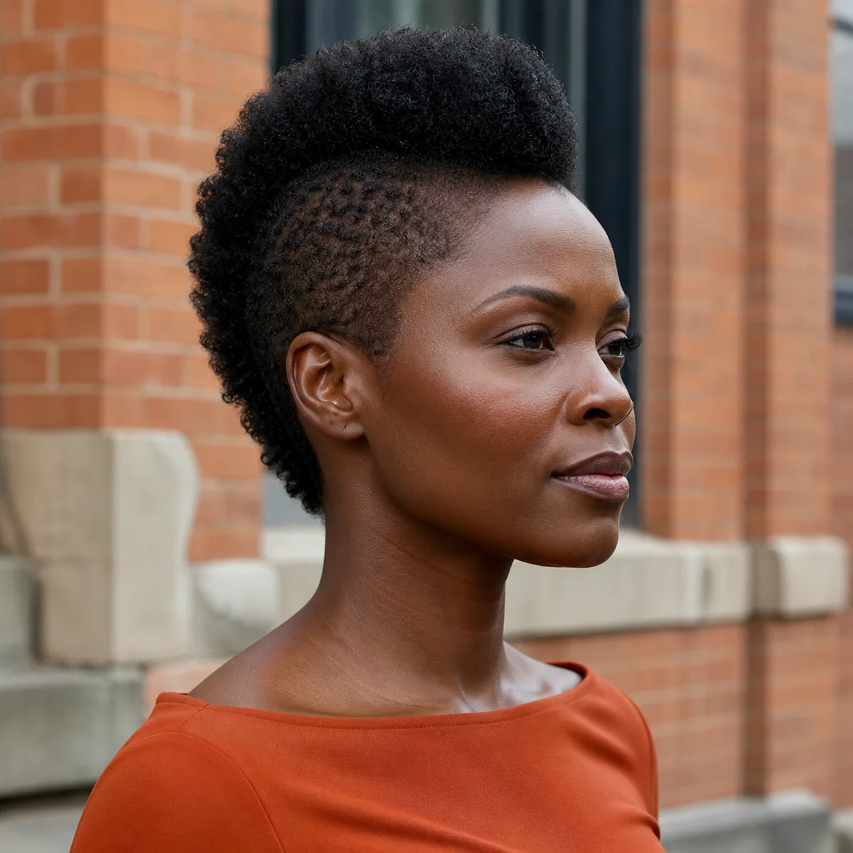 Black woman wearing a soft tapered frohawk