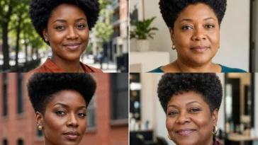 Collage of four Black women wearing distinct tapered Afro haircuts