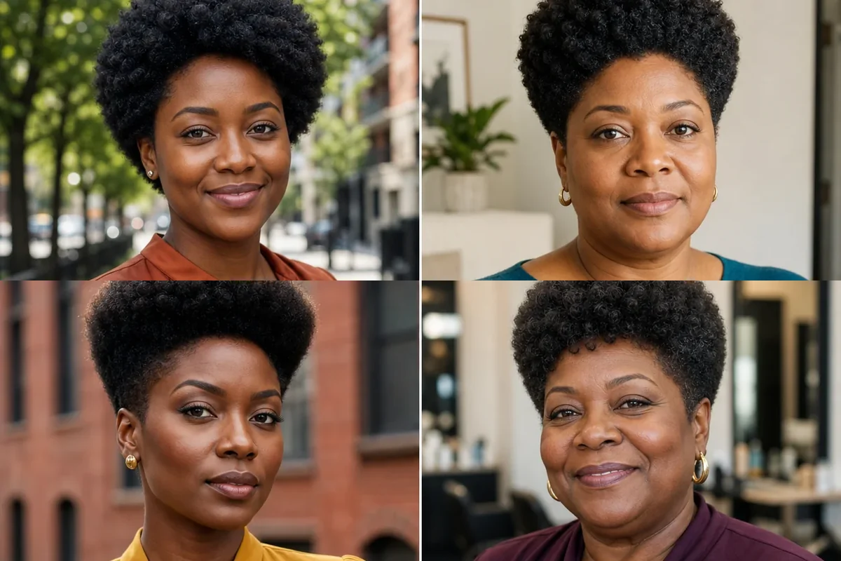 Collage of four Black women wearing distinct tapered Afro haircuts