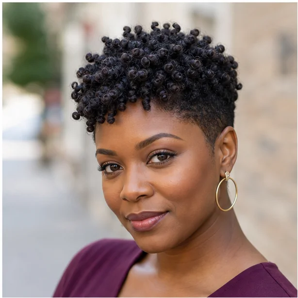 Black woman with finger coils on a tapered natural haircut