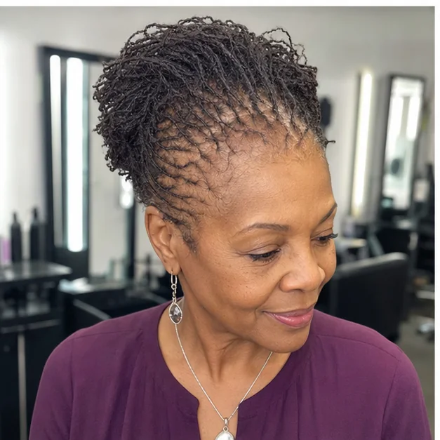 Black woman over 50 with fine-density Sisterlocks in a tapered updo