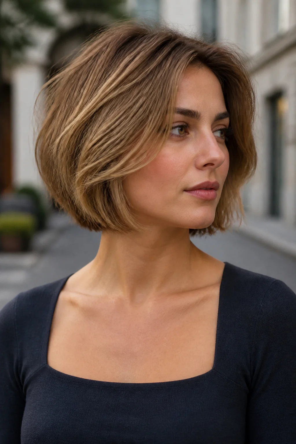 White woman with dark blonde hair wearing a textured Italian bob with soft ends