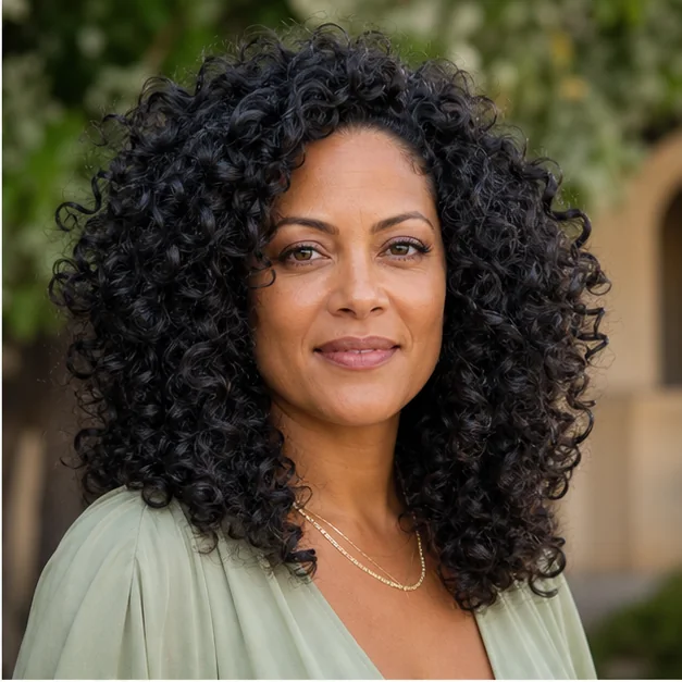 Woman with thick curls and hidden internal layers