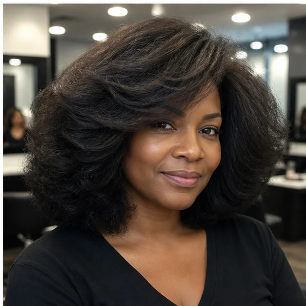 Black woman with thick natural hair in a sculpted fluffy press