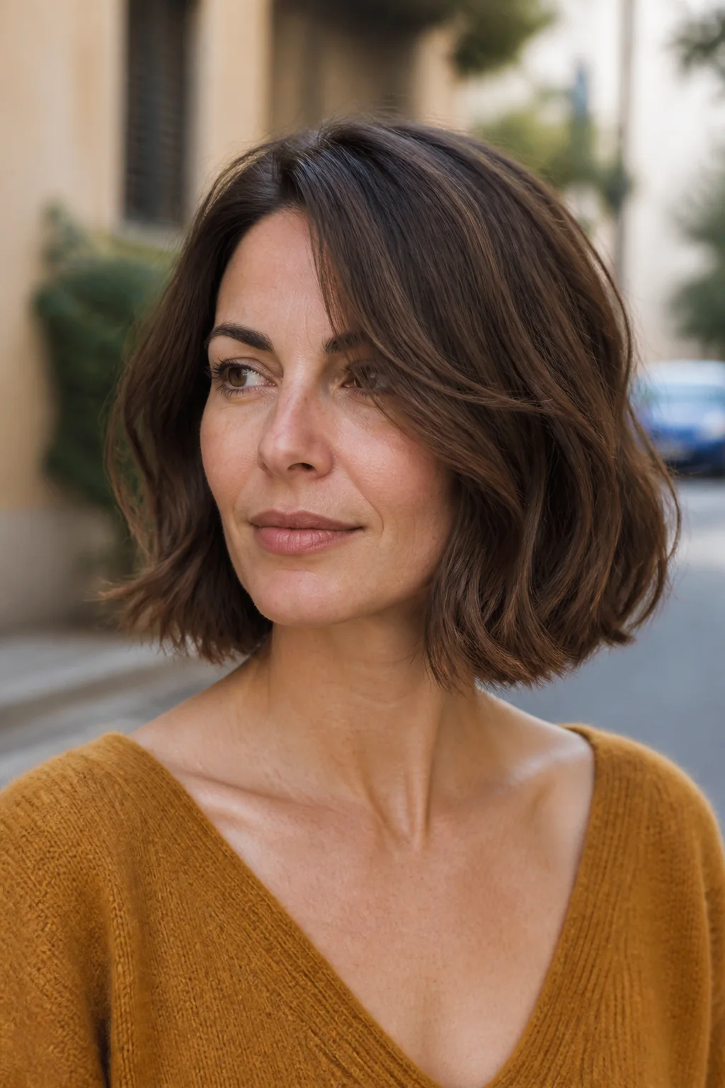 White woman with brunette hair wearing a tousled air-dried Italian bob