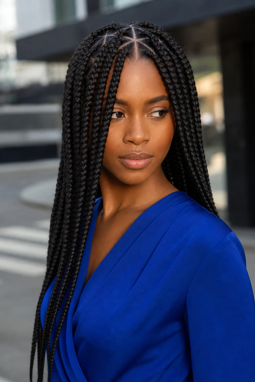 Black woman with triangle-part box braids