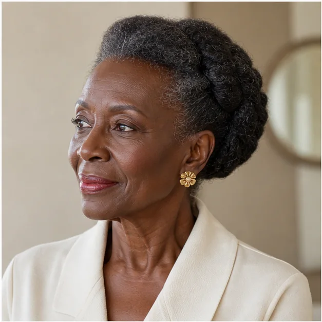 Black woman wearing a tucked roll on short natural hair
