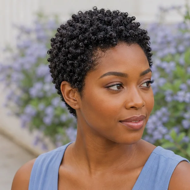 Black woman with finger coils on a short TWA