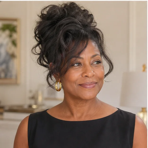 Black woman with a fluffy press updo and soft loose ends