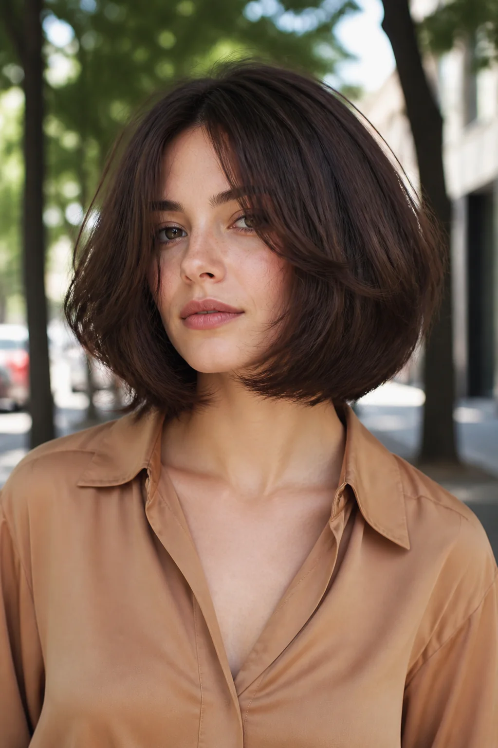 White woman with thick brunette butterfly bob