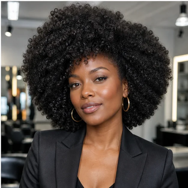 Black woman with a rounded curly Afro shape