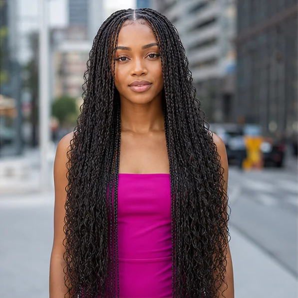 Black woman wearing waist length boho braids