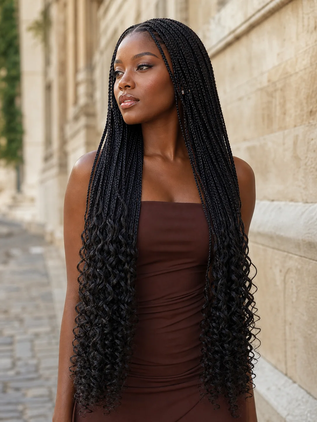 Waist-length French curl braids with flowing curled ends