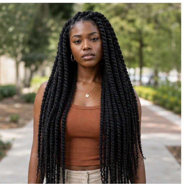 Black woman with long waist length Marley twists