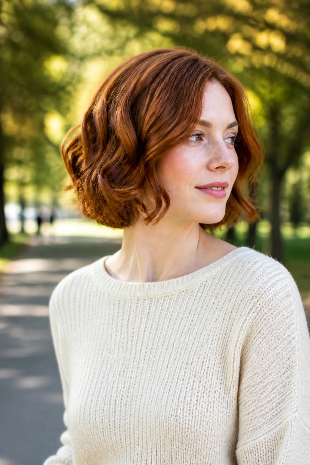 White woman with naturally wavy auburn butterfly bob