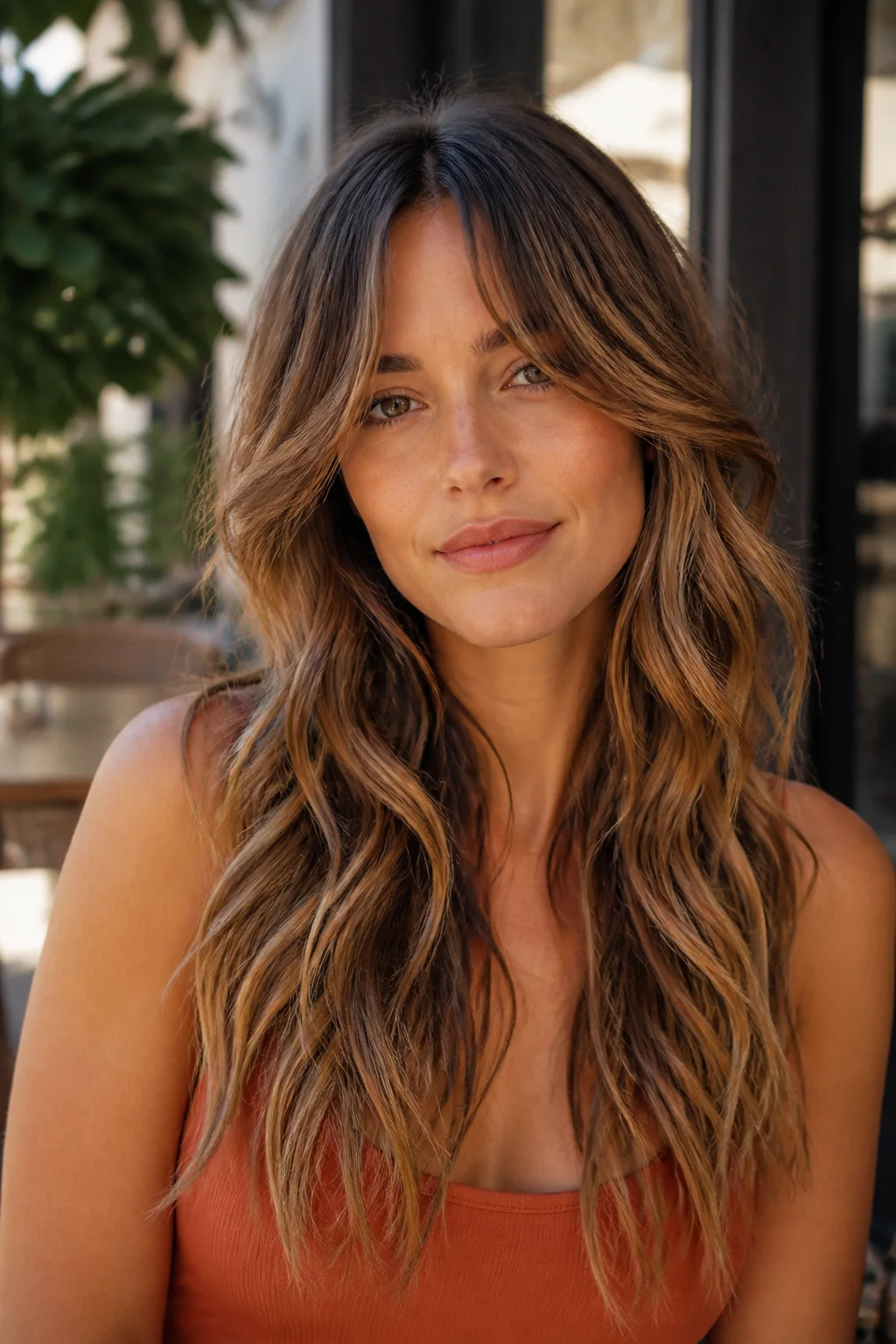 White woman with long wavy caramel hair and curtain bangs