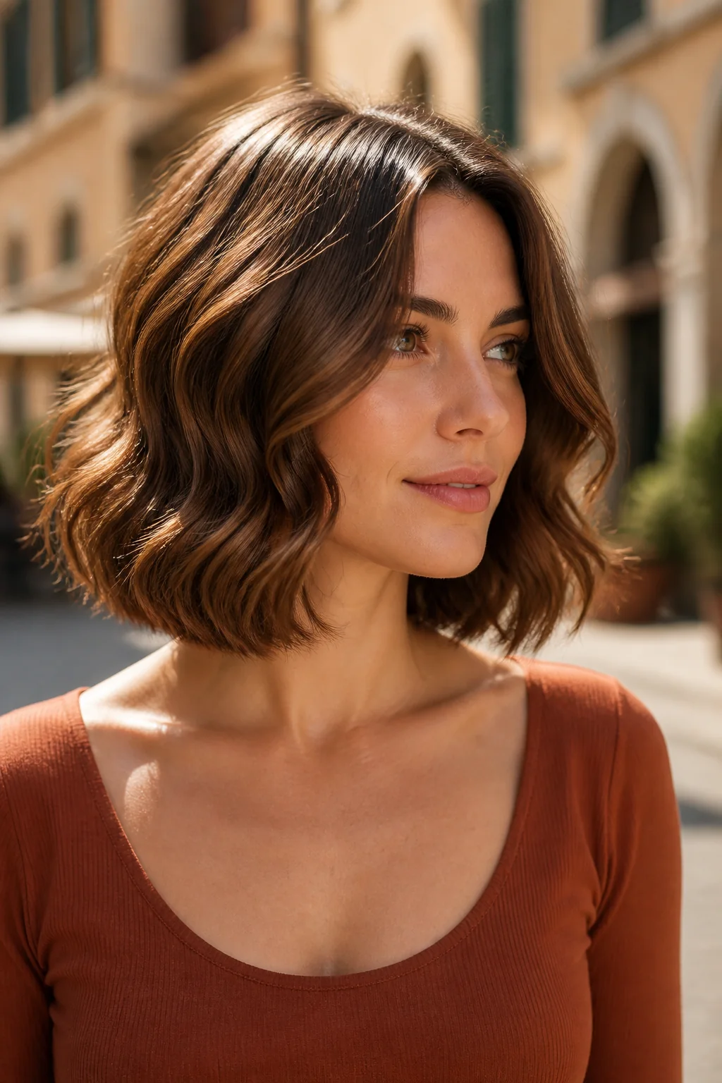 White woman with caramel brunette hair wearing a wavy Italian bob