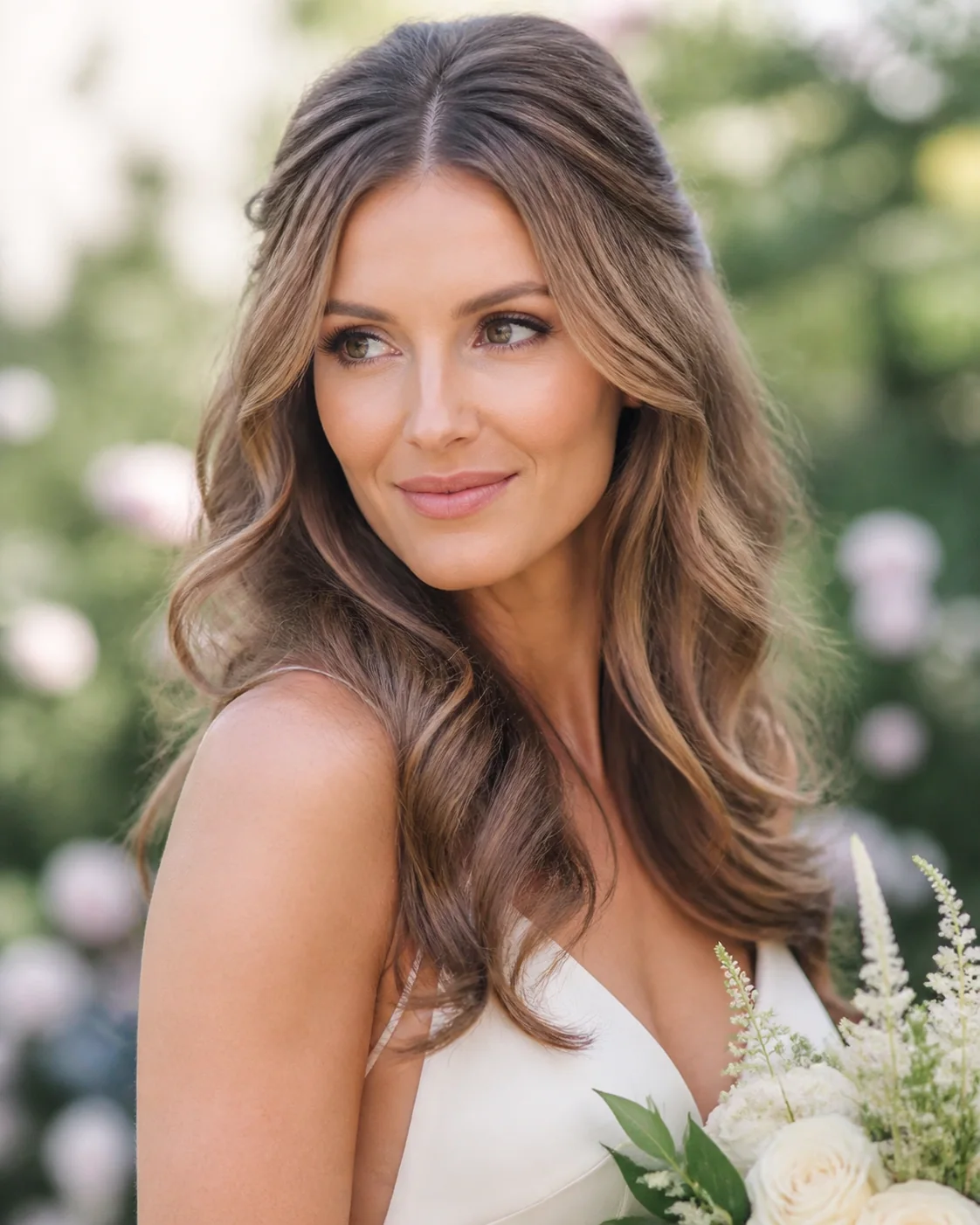 White bride wearing soft brushed-out wedding curls