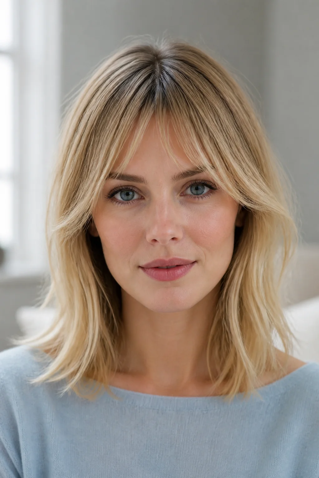 White woman with fine blonde hair and wispy Birkin bangs