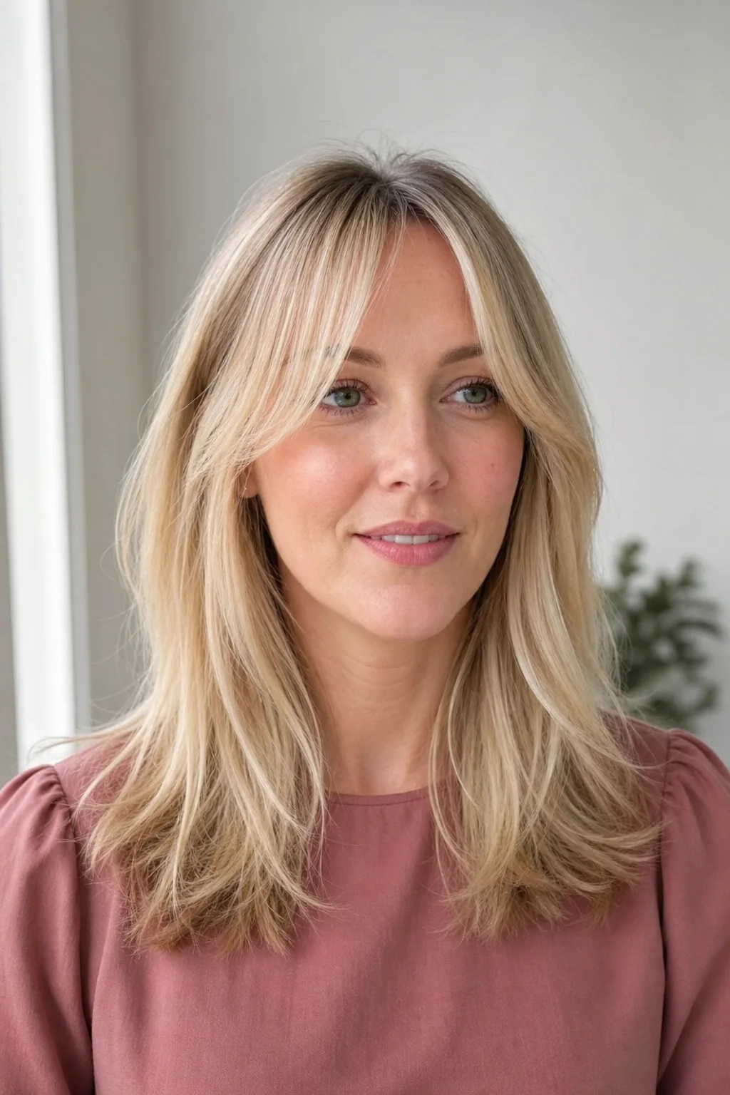 White woman with fine blonde hair wearing wispy curtain bangs