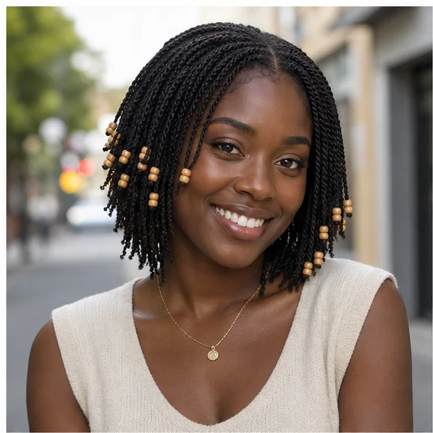 Black woman with mini twists and wooden beads