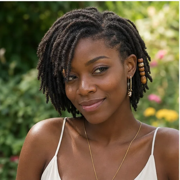Black woman with short locs accented by wooden beads