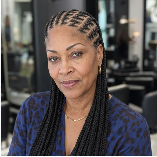 Black woman with zigzag-part feed-in braids