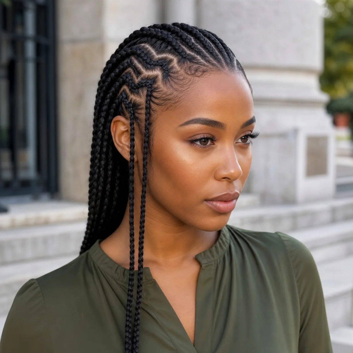 Fulani braids with crisp zigzag parting