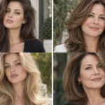 Collage of four women wearing distinct 90s blowout hairstyles