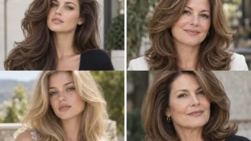 Collage of four women wearing distinct 90s blowout hairstyles