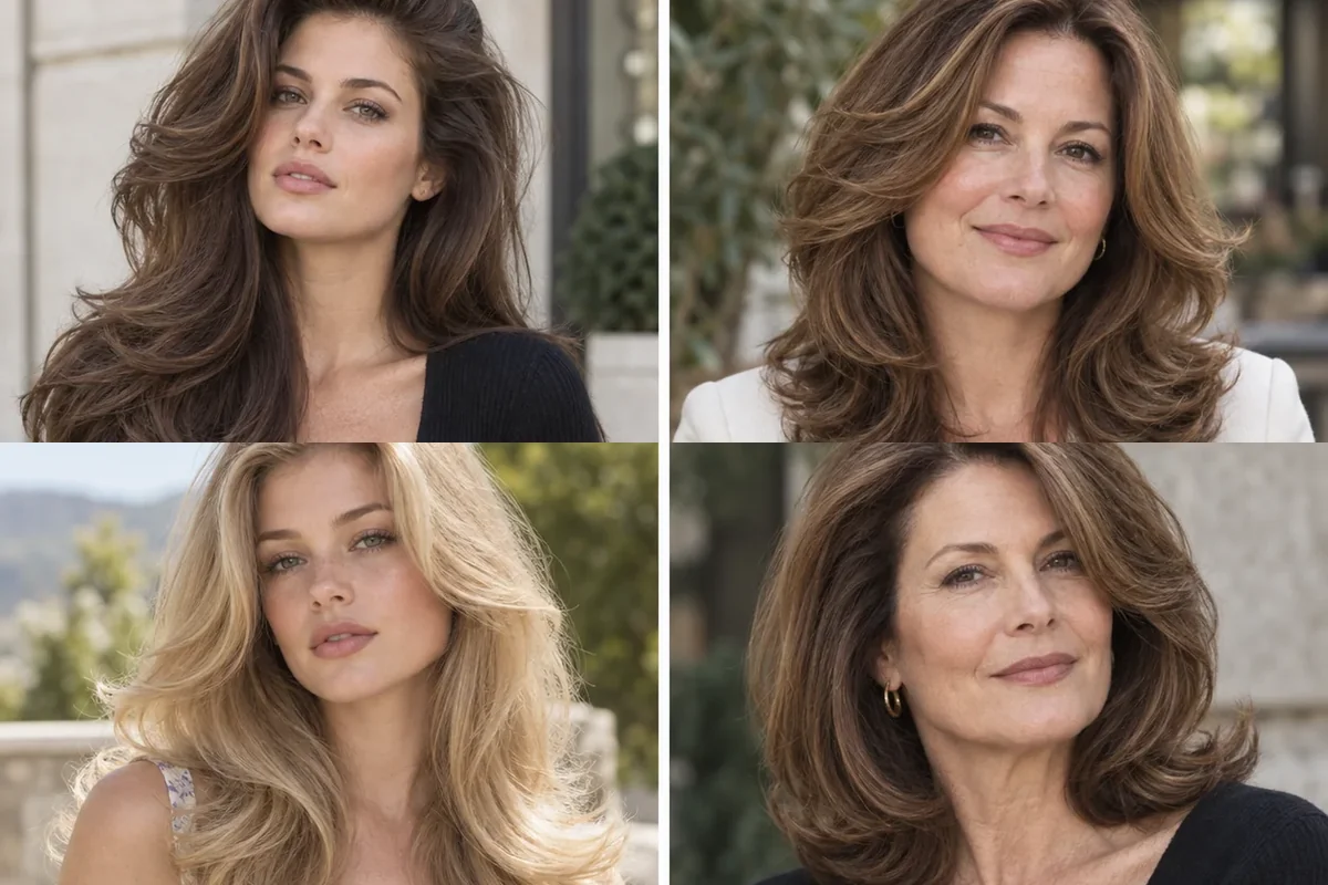 Collage of four women wearing distinct 90s blowout hairstyles