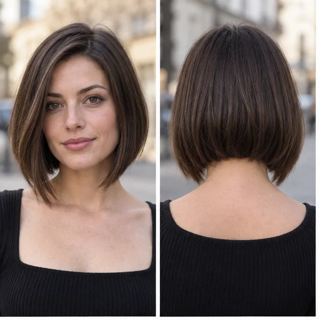 Same woman shown from front and back wearing a subtle A-line bob