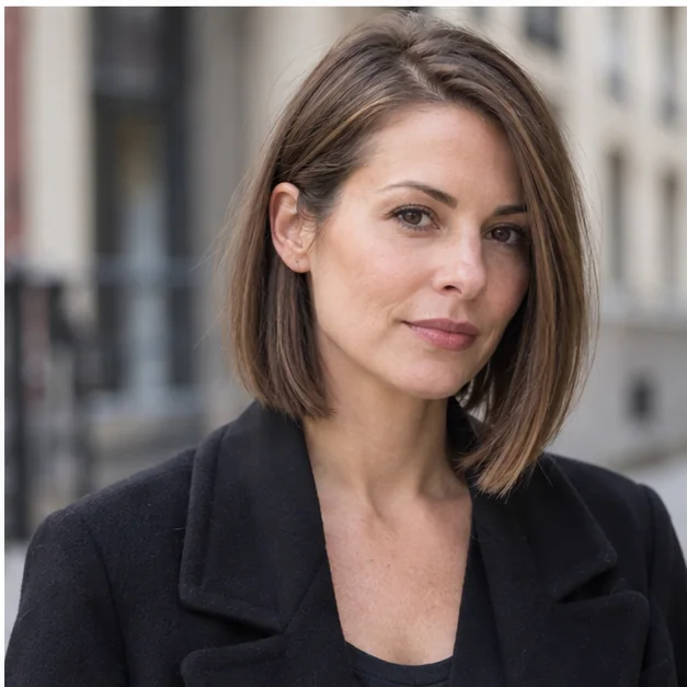 Woman with a sleek A-line lob for thin hair