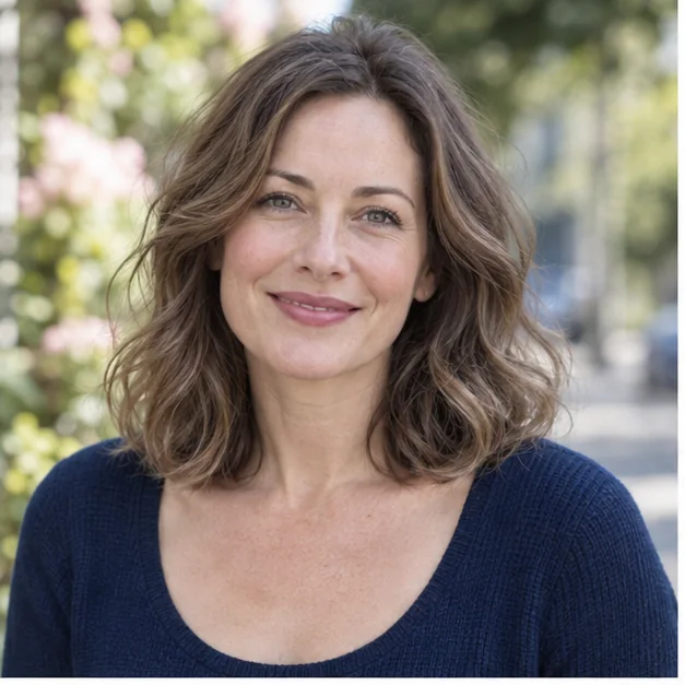 Woman with fine wavy hair air-dried into soft defined waves